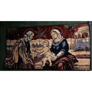 Vtg Velvet Tapestry Holy Family Mary Baby Jesus Joseph Wall Hanging Table Runner